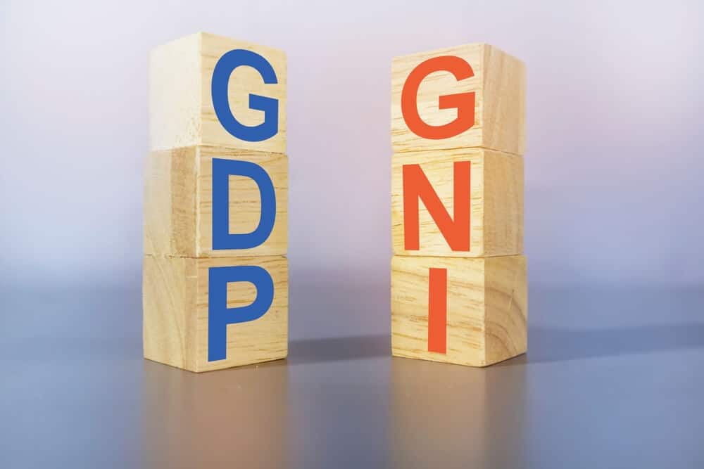 国民総所得 (GNI) と国内総生産 (GDP) の木製ボックス上